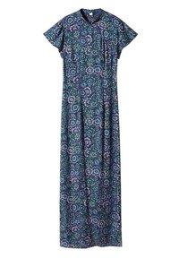 Maxime dress with round neckline and short sleeves, made from blue fabric with floral patterns in shades of purple and green.
