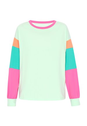 Jasnozielona koszula z długim rękawem z wyrazistymi kolorowymi blokami w różowym, pomarańczowym i turkusowym. Gładki materiał z okrągłym różowym dekoltem.