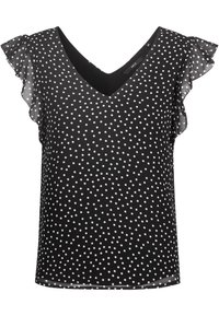Blusa nera con scollo a V, maniche corte trasparenti a volant e pois bianchi. Realizzata in tessuto leggero con una texture liscia.