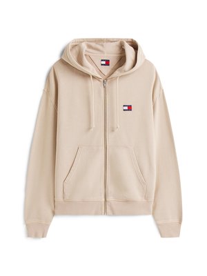 Sweatshirt bege com fecho éclair, feito de um tecido de algodão misto. Apresenta um grande bolso frontal, punhos canelados e um logótipo na parte do peito. Design com capuz.