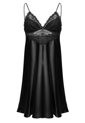 Zwarte satijnen nachthemd met kanten cups, een V-hals en dunne verstelbare schouderbandjes.