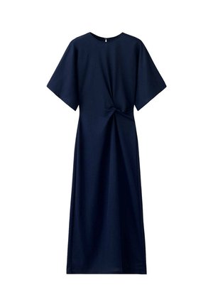 Robe midi bleu marine avec manches courtes larges, encolure ronde et détail froncé torsadé à la taille, présentée sur fond blanc.