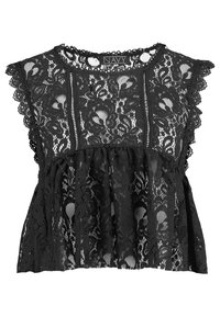 Černý krajkový crop top s vlnitými rukávy, zdobený květinovými vzory a vrstveným designem. Lehce provzdušněná látka s texturovanými akcenty.