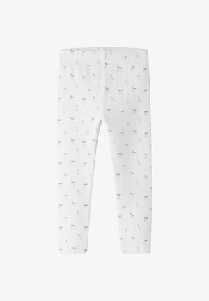 Witte geribbelde babylegging met kleine delicate bloem- en strikpatronen in lichte pasteltinten.