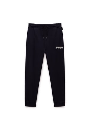Pantaloni sportivi blu navy realizzati in morbida stoffa, con vita elasticizzata e cordino, polsini a coste e un piccolo logo sul lato sinistro.