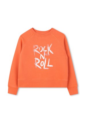 Sweat-shirt orange à manches longues et col rond avec le texte blanc usé "ROCK N ROLL" imprimé sur le devant.
