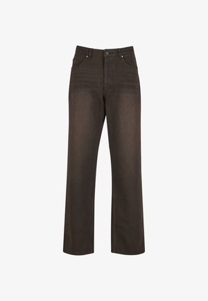 Pruunidest denimpükstest, millel on sirge sääre lõige, viie tasku disain, nööbi sulgemine ja kanga õrn tekstuur.