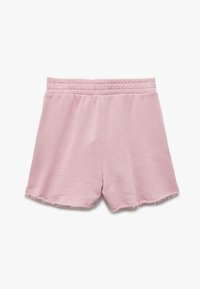 Pantalones cortos de algodón rosa con cintura elástica, que presentan una superficie texturizada y un dobladillo deshilachado. Diseño sencillo y tejido ligero.