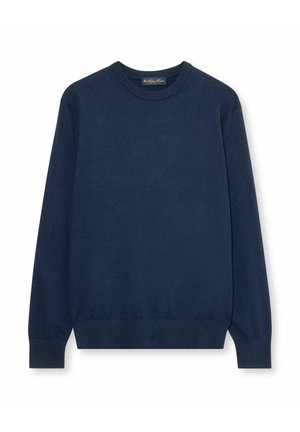 Navy blue sweater with a crew neckline, long sleeves, ribbed cuffs, and hem. Made from soft fabric with a smooth texture. No patterns or accents.