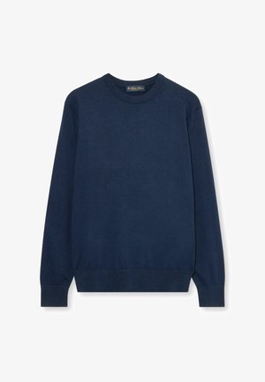Navy blue sweater with a crew neckline, long sleeves, ribbed cuffs, and hem. Made from soft fabric with a smooth texture. No patterns or accents.