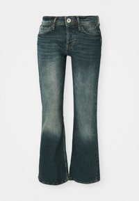Uitslopende spijkerbroek in donkerblauw met een vervaagde afwerking, voorzien van een knoop- en ritssluiting, vijf zakken en stiksels accent.
