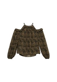 Brun og sort leopardprint kold-skulder bluse med lange puffede ærmer og tynde skulderstropper på hvid baggrund.