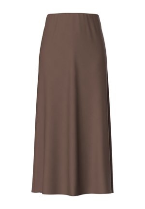 Hnedá midi sukňa s vysokým pásom a áčkovým strihom, s hladkou textúrou a jednoduchým dizajnom, zobrazená na bielom pozadí.