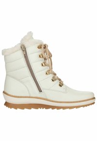 Witte leren enkellaars met een faux fur kraag, ritsluiting, beige veters en gouden hardware accenten. Beschikt over een gemêleerde rubberen zool.