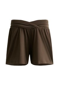 Hnědé šortky vyrobené z jemné tkaniny s elastickým pasem. Design obepínající pas a volné nohavice. Hladká textura.