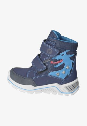 Bota infantil azul marino con correas de velcro, tela texturizada, diseño de dragón en azul y rojo, detalles en plata y suela de goma blanca.