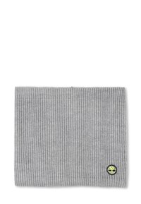 Écharpe en tricot côtelé gris avec un logo rond en noir et vert lime, avec une texture douce et une forme rectangulaire allongée.