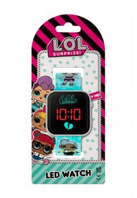 LED-horloge met een zwart vierkant uurwerk dat rode cijfers weergeeft. De band is versierd met kleurrijke illustraties van figuren op een lichtblauwe achtergrond.