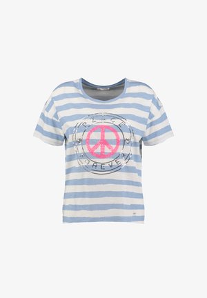 Koszulka z krótkim rękawem w jasnoniebieskie i białe paski, z różowym symbolem pokoju i napisem „Peace Forever” wykonanym z cekinów na przodzie.