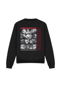 Schwarzer Kapuzenpulli mit graustufigen Transformers-Roboterköpfen in vier Feldern, mit rotem "AUTOBOTS" und vertikalem "TRANSFORMERS"-Text.