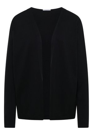 Zwarte open voorkant vest met lange mouwen, eenvoudig ontwerp zonder zichtbare knopen of versieringen.