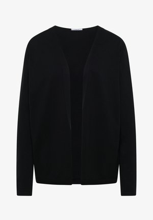 Zwarte open voorkant vest met lange mouwen, eenvoudig ontwerp zonder zichtbare knopen of versieringen.