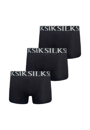 Trei boxeri negri pentru bărbați cu bandă elastică lată în talie, fiecare având numele mărcii „SILK” cu litere mari gri.