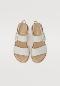 Light gray sandals with two patterned straps and a side buckle, featuring a smooth, cushioned footbed and a durable sole. Designed for comfort.