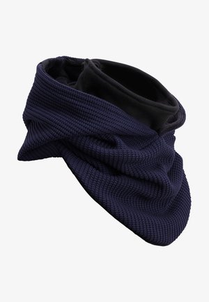 Navy blue knitted scarf with textured pattern, featuring a smooth black lining. Flexible shape allows for versatile styling and warmth.