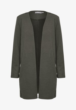 Olive green long cardigan made of textured fabric, open front design, and long sleeves with seam details at shoulders.