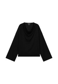 Czarny longsleeve z drapowanym dekoltem, luźny krój i miękka tekstura. Prosty design bez widocznych wzorów lub akcentów.