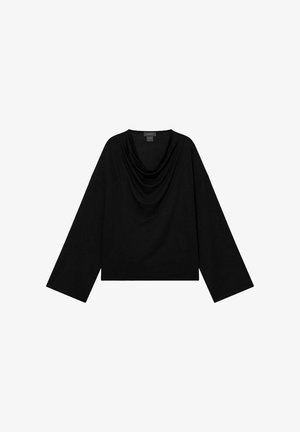 Sort langærmet bluse med draperet cowl-halsudskæring, afslappet pasform og blød tekstur. Enkel design uden synlige mønstre eller accenter.