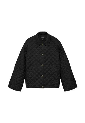 Veste noire matelassée avec un col pointu, fermeture à boutons-pression et deux poches latérales. Présente un motif en losange et des manches larges.