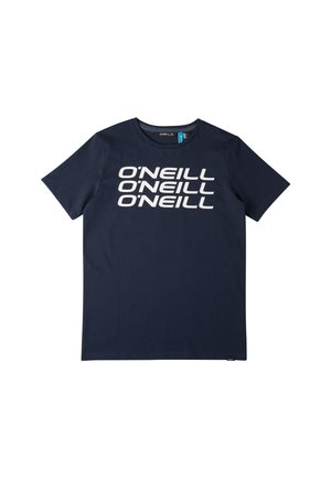 Mørkeblå T-shirt med korte ærmer med teksten "O'NEILL" gentaget tre gange i hvidt tværs over brystet.