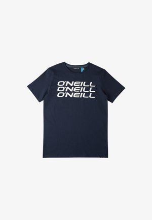 Granatowy t-shirt z krótkim rękawem z napisem "O'NEILL" powtórzonym trzykrotnie na białym tle na wysokości klatki piersiowej.