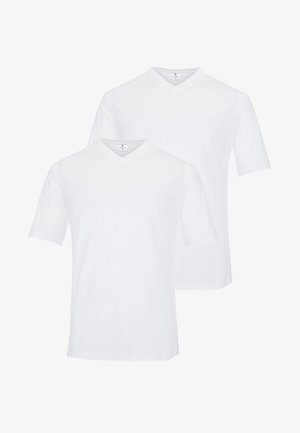Two white v-neck t-shirts made of cotton, featuring short sleeves and a smooth fabric texture, displayed together.