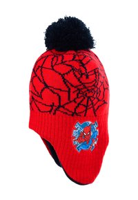 Red knit beanie with black spider web design, featuring a blue Spider-Man patch on the side and a black pom-pom on top. Lined for warmth.