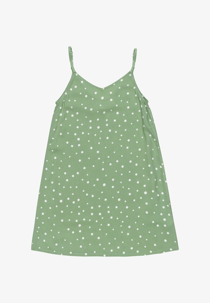 Vihreä olkapäät paljastava mekko, jossa on valkoisia pilkkuja, V-muotoinen kaula-aukko ja säädettävät hihnat. Leveä helma ja pehmeä, sileä kangas.