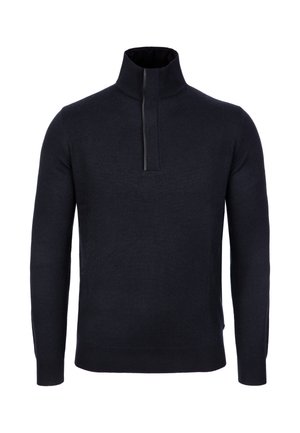 Námořnická modrá lehká pletená mikina se stojáčkem a polosamostatným zipem. Má dlouhé rukávy a hladkou strukturu.