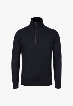 Marinblå lättstickad tröja med ståkrage och halvlång dragkedja. Har långa ärmar och en slät yta.