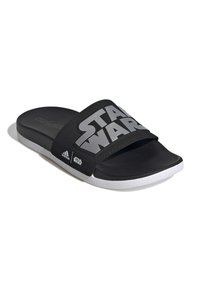 Black slide sandals with a wide strap displaying "STAR WARS" in gray. Features a textured footbed and a white outsole with branding accents.