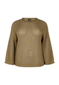 Oliwkowy, dziany sweter o luźnym, przewiewnym fasonie, z dużym otwartym splotem i okrągłym dekoltem. Długie, szerokie rękawy.
