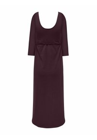 Bordeaux, knælang kjole med en rund halsudskæring, trekvartærmer og en rynket talje for en afslappet pasform. Blødt, strækbart stof.