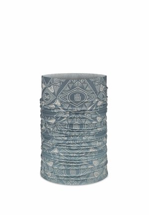Blue-gray tubular neck gaiter with geometric patterns, eyes, and symbols in light beige tones.
