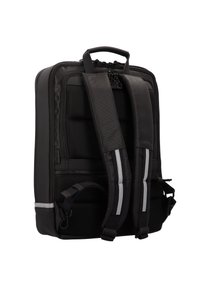 Sac à dos noir avec dos rembourré en maille, bretelles ajustables, accents réfléchissants sur les côtés, double zip et une poignée de transport sur le dessus. Tissu texturé.