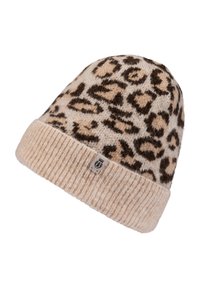 Knit beanie made of soft material, featuring a beige and brown leopard pattern and a ribbed tan cuff with a logo tag.