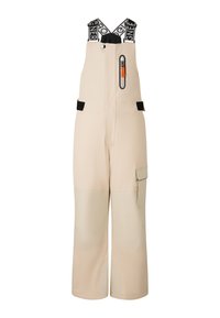 Béžové lacláče s černými logo kšandami, zapínací náprsní kapsa s oranžovým táhlem, boční klopová kapsa a široký střih nohavic.