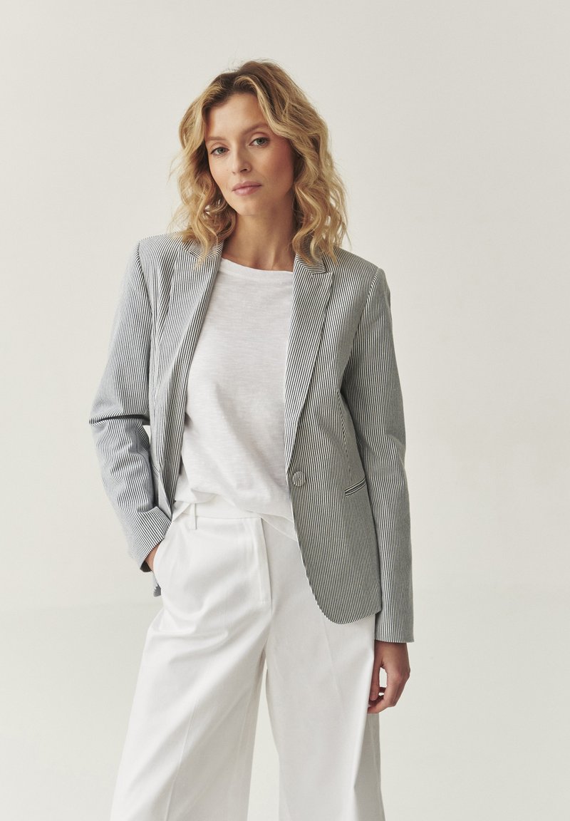 Blazer rayé en tissu bleu clair et blanc, fermeture à un bouton, revers crantés, associé à un t-shirt blanc et un pantalon large blanc.
