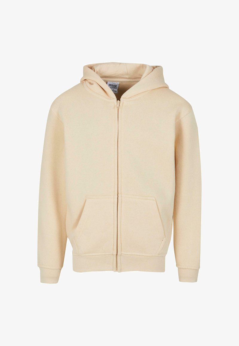 Kremni zip-up hooded pulover iz mehkega blaga, ki ima sprednji zip zapiranje, dva sprednja žepa in kapuco z vrvico.