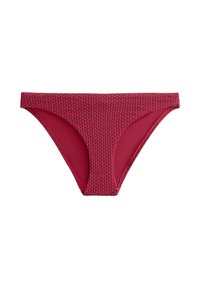 Červený spodný diel bikín so štruktúrovaným povrchom s malými vzormi, pevnou vnútornou podšívkou a stredným pásom so širokými stranami.